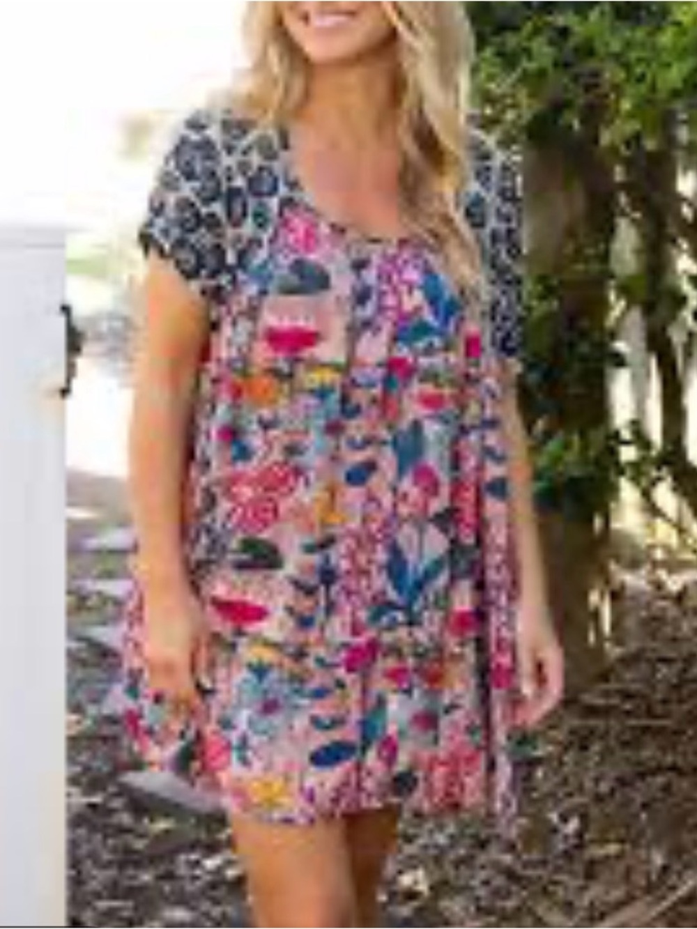 Floral Pink & Blue Short-Sleeve Dress